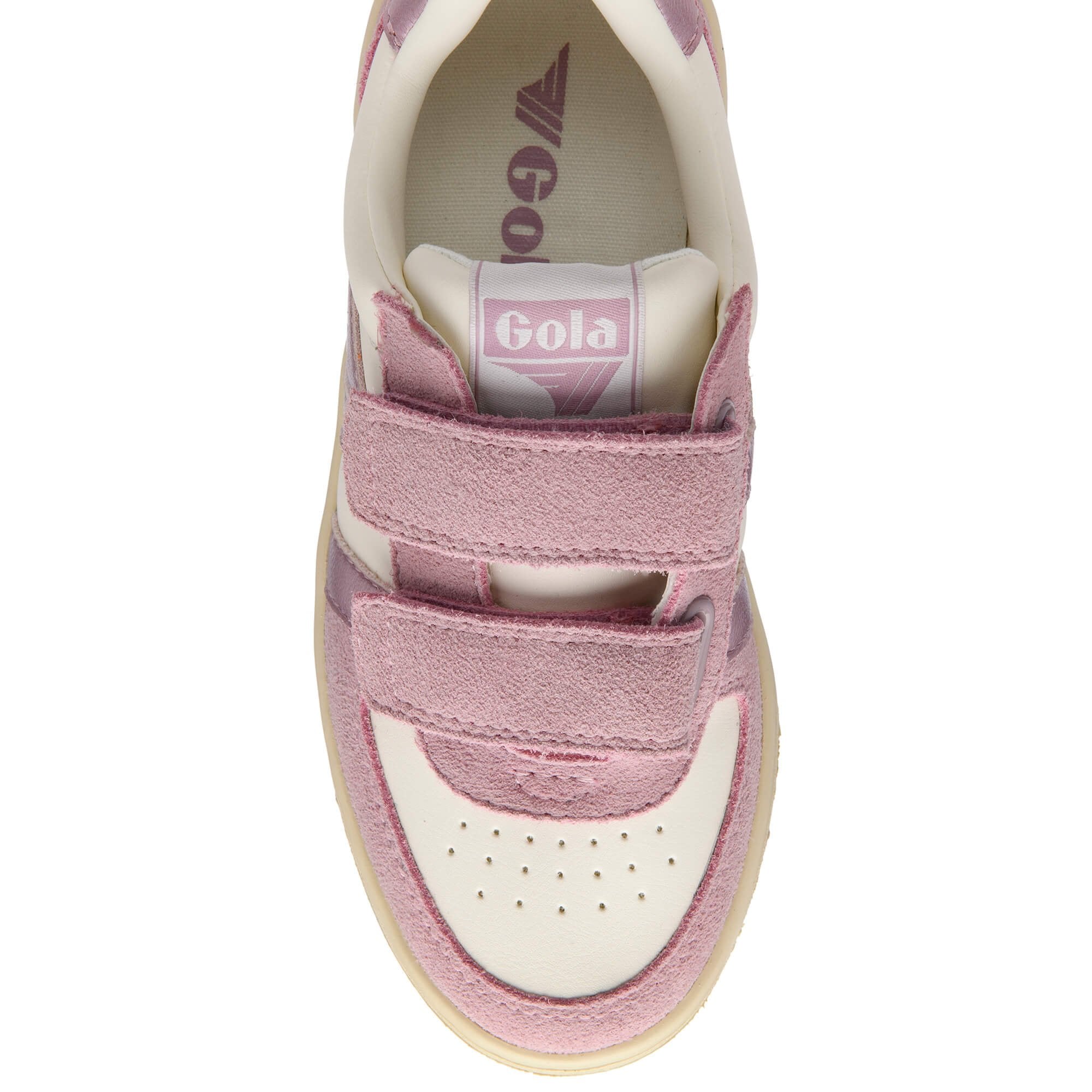 Top down view of a pink and white Gola trainer with two velcro straps on a white background
