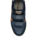 Top down view of a navy blue Gola trainer with orange accents and two velcro straps