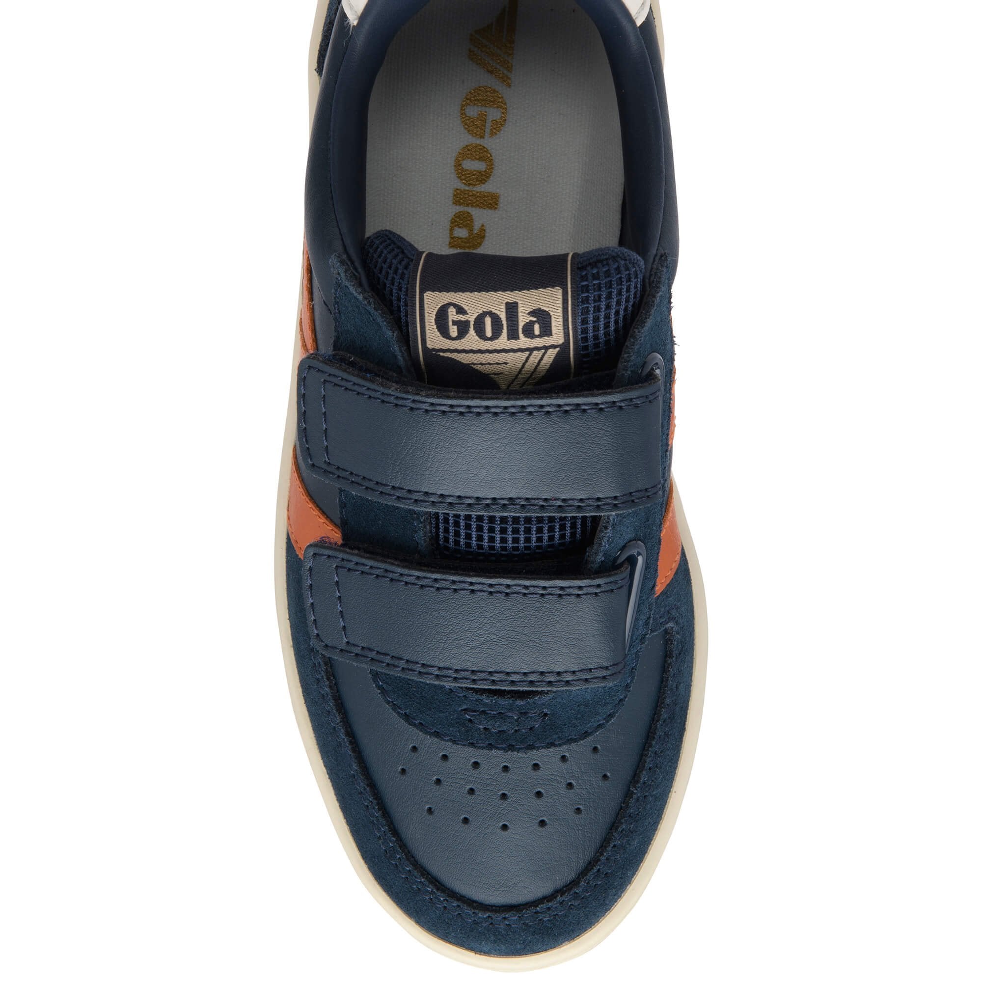 Top down view of a navy blue Gola trainer with orange accents and two velcro straps
