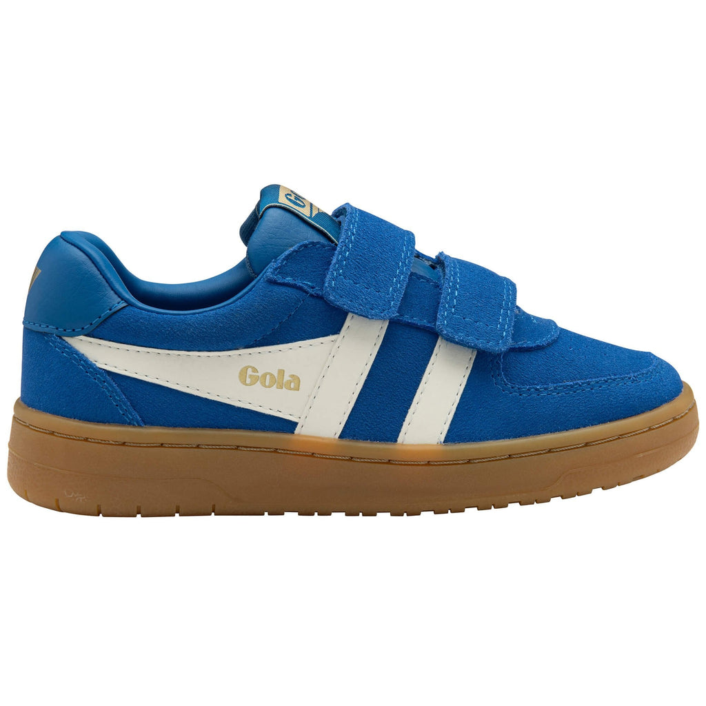 Blue children's Gola trainer with white stripes and brown sole on a white background