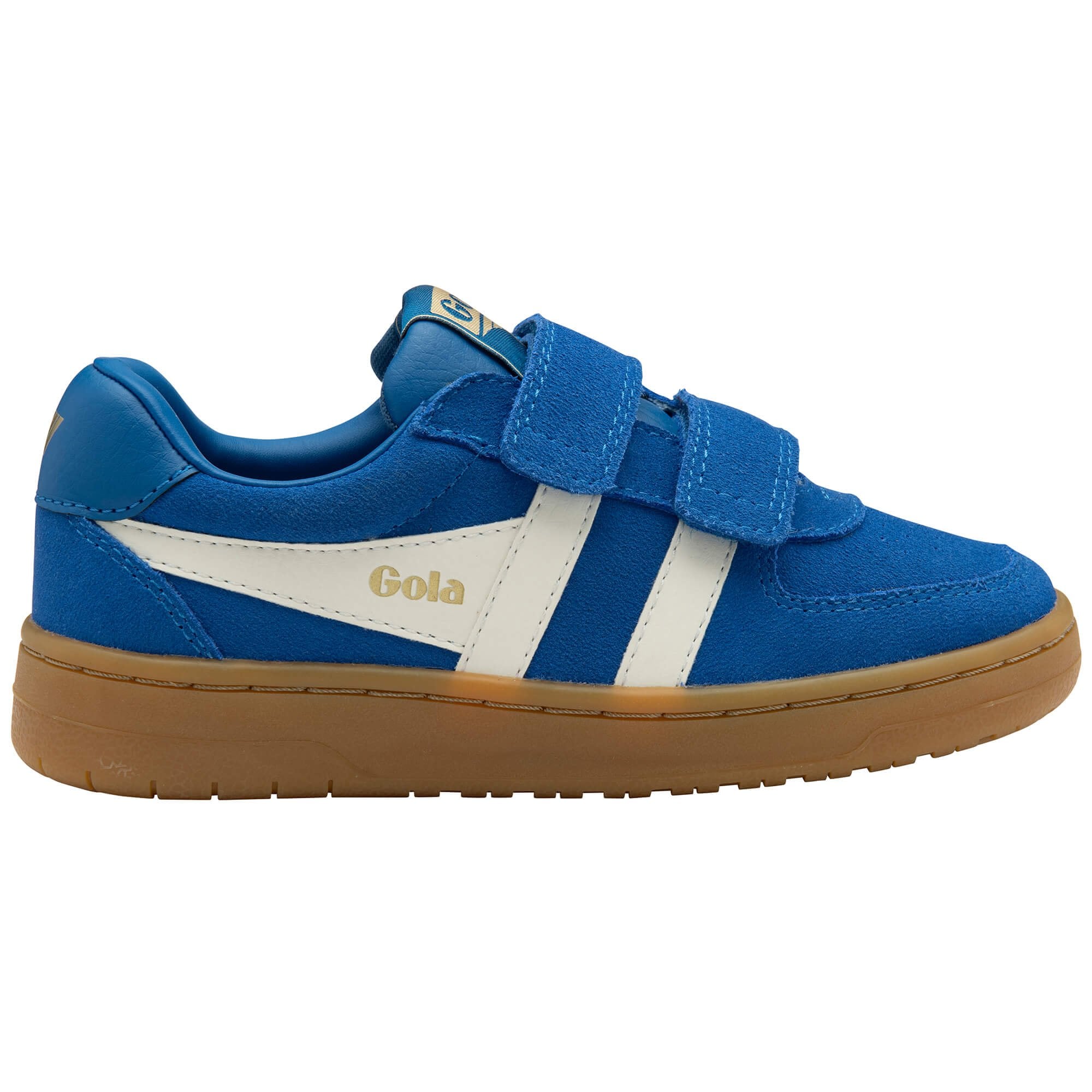 Blue children's Gola trainer with white stripes and brown sole on a white background