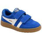 Blue children's Gola trainers with white stripe and brown sole on a white background