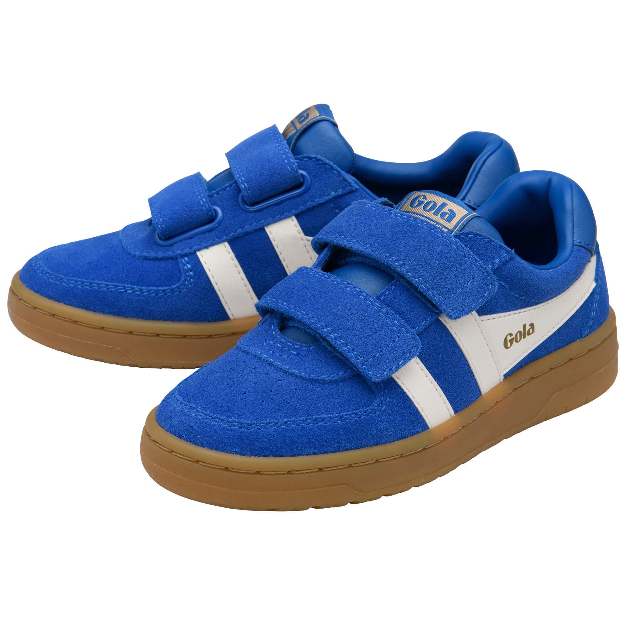 Blue children's Gola trainers with white stripes and brown soles on a white background