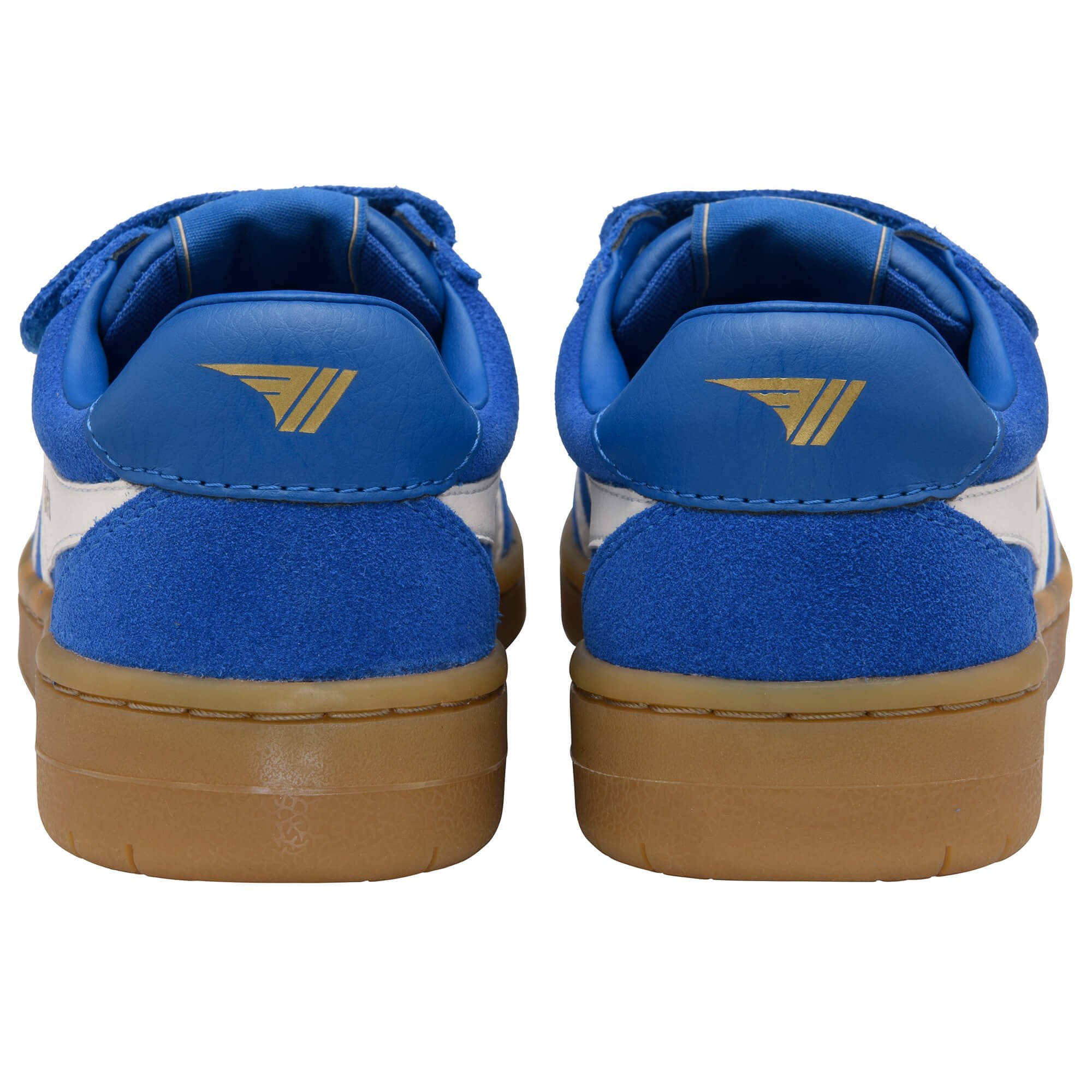 Pair of blue and white Gola trainers with gum soles, shown from the back on a white background