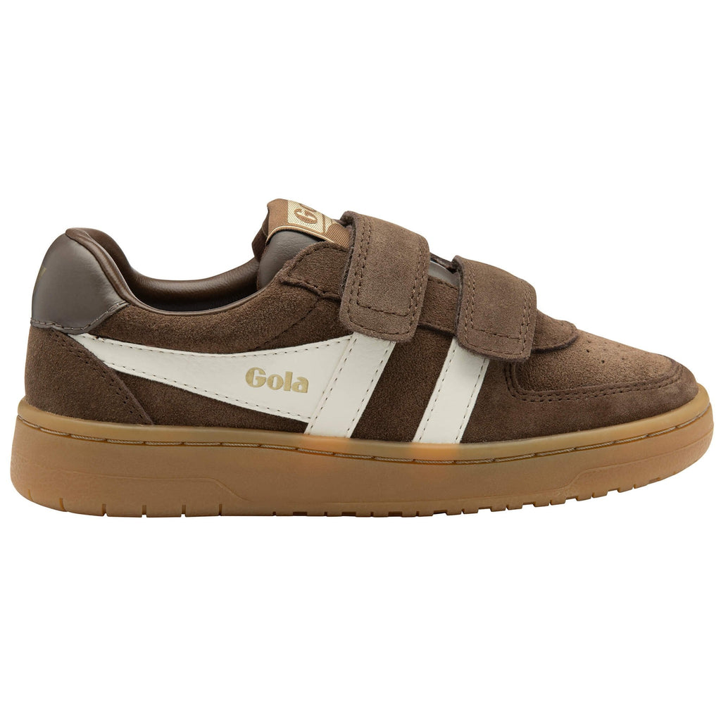 Brown children's Gola trainer with white stripes and 'Gola' branding on a white background