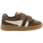 Brown children's Gola trainer with white stripes and 'Gola' branding on a white background
