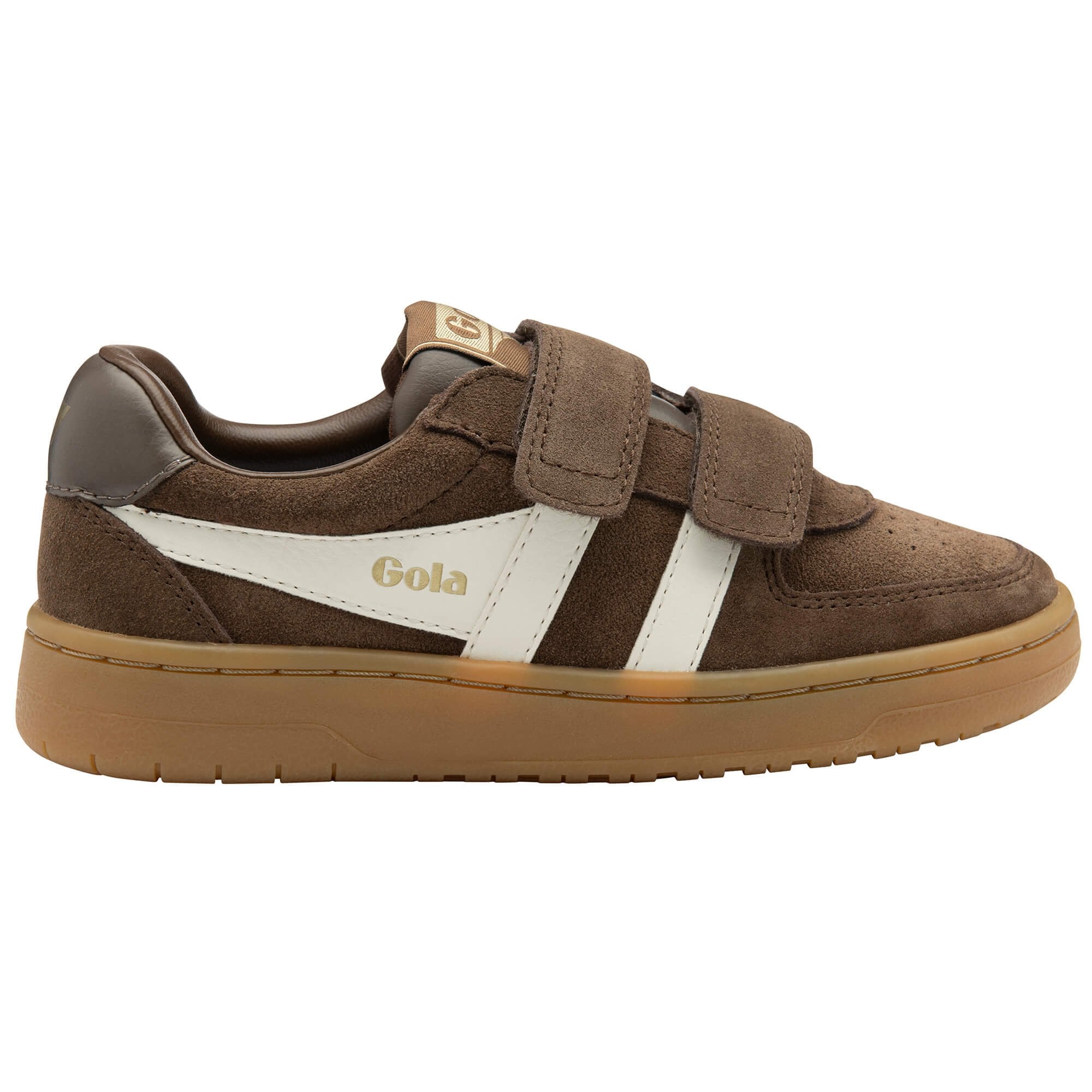 Brown children's Gola trainer with white stripes and 'Gola' branding on a white background