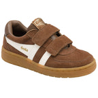 Brown children's Gola trainers with white stripe and Gola logo on a white background