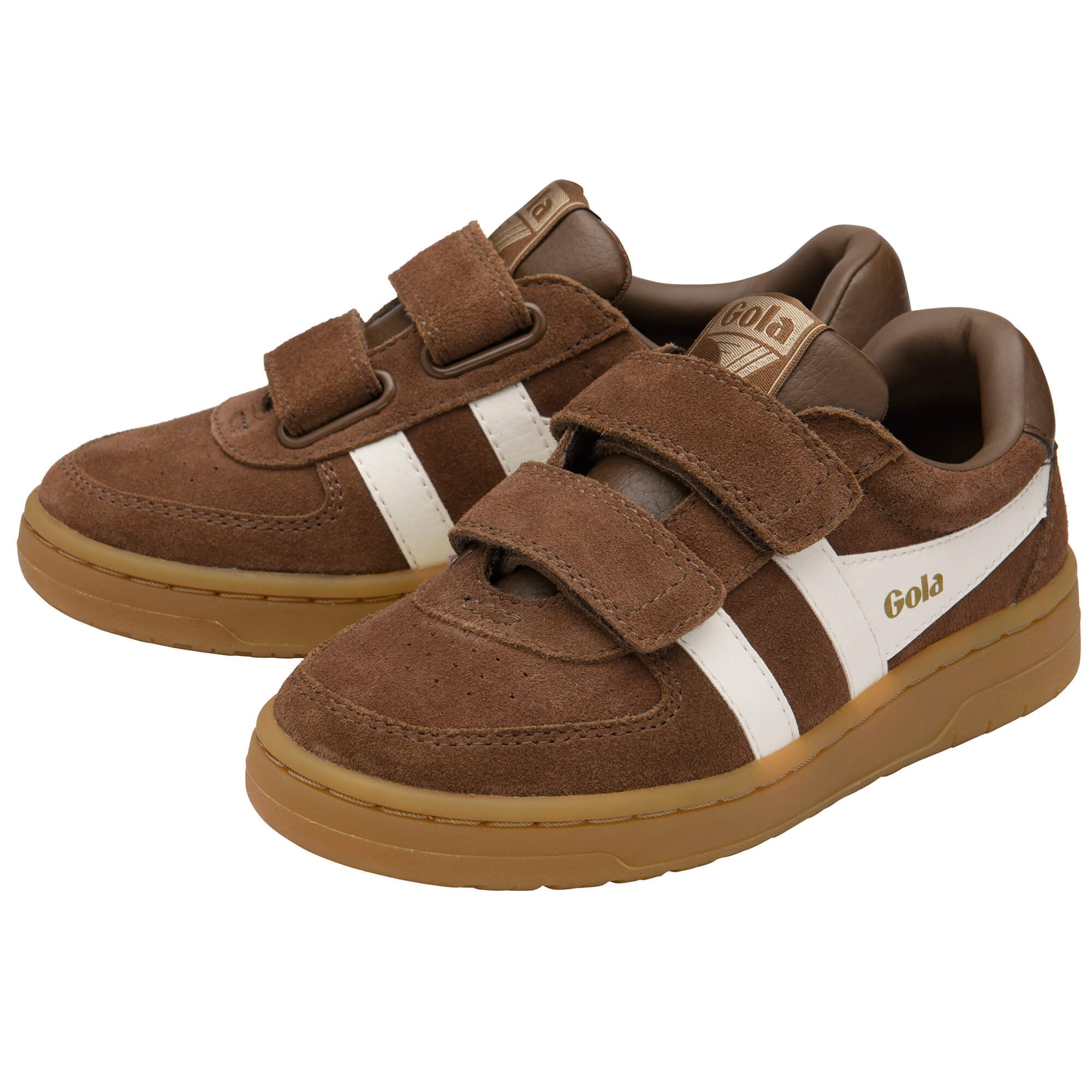 Brown children's Gola trainers with white stripes and Gola logo on a white background