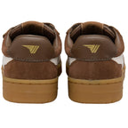 Brown Gola trainer with white stripes and a gold logo on a white background