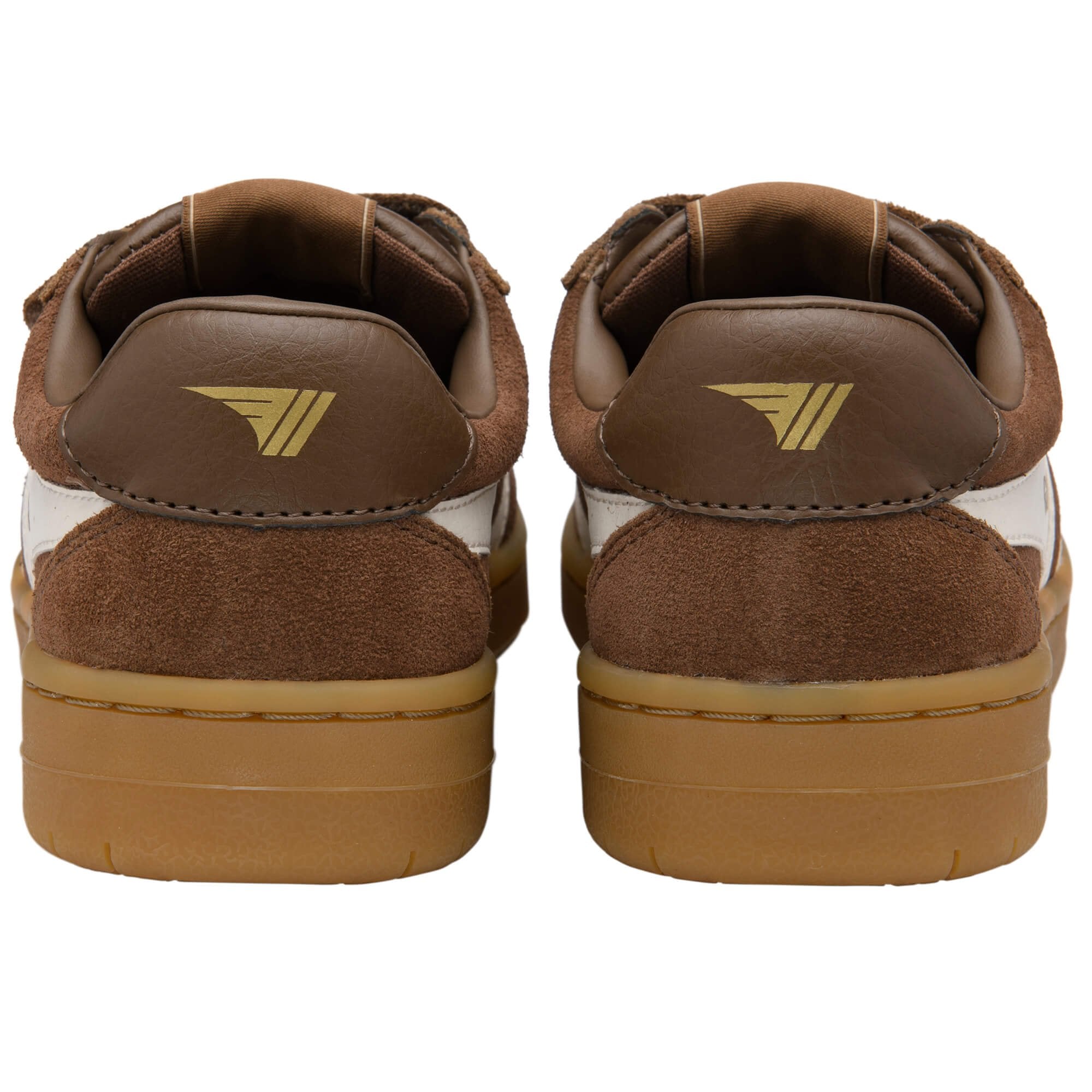 Brown Gola trainer with white stripes and a gold logo on a white background