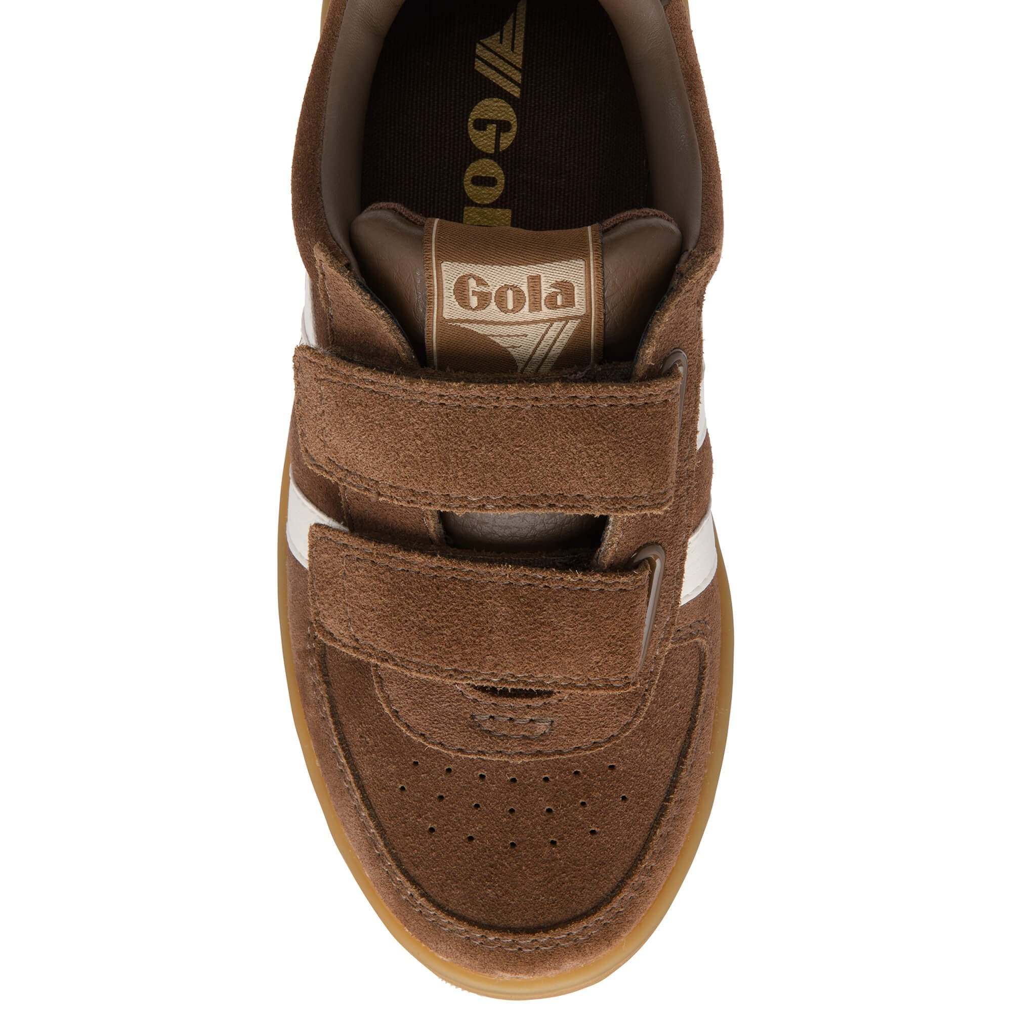 Brown Gola trainer with velcro straps on a white background