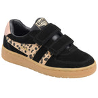 Black children's Gola trainer with leopard print accents on a white background