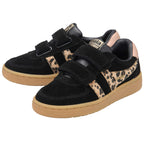 Black Gola trainers with leopard print straps and brown soles on a white background