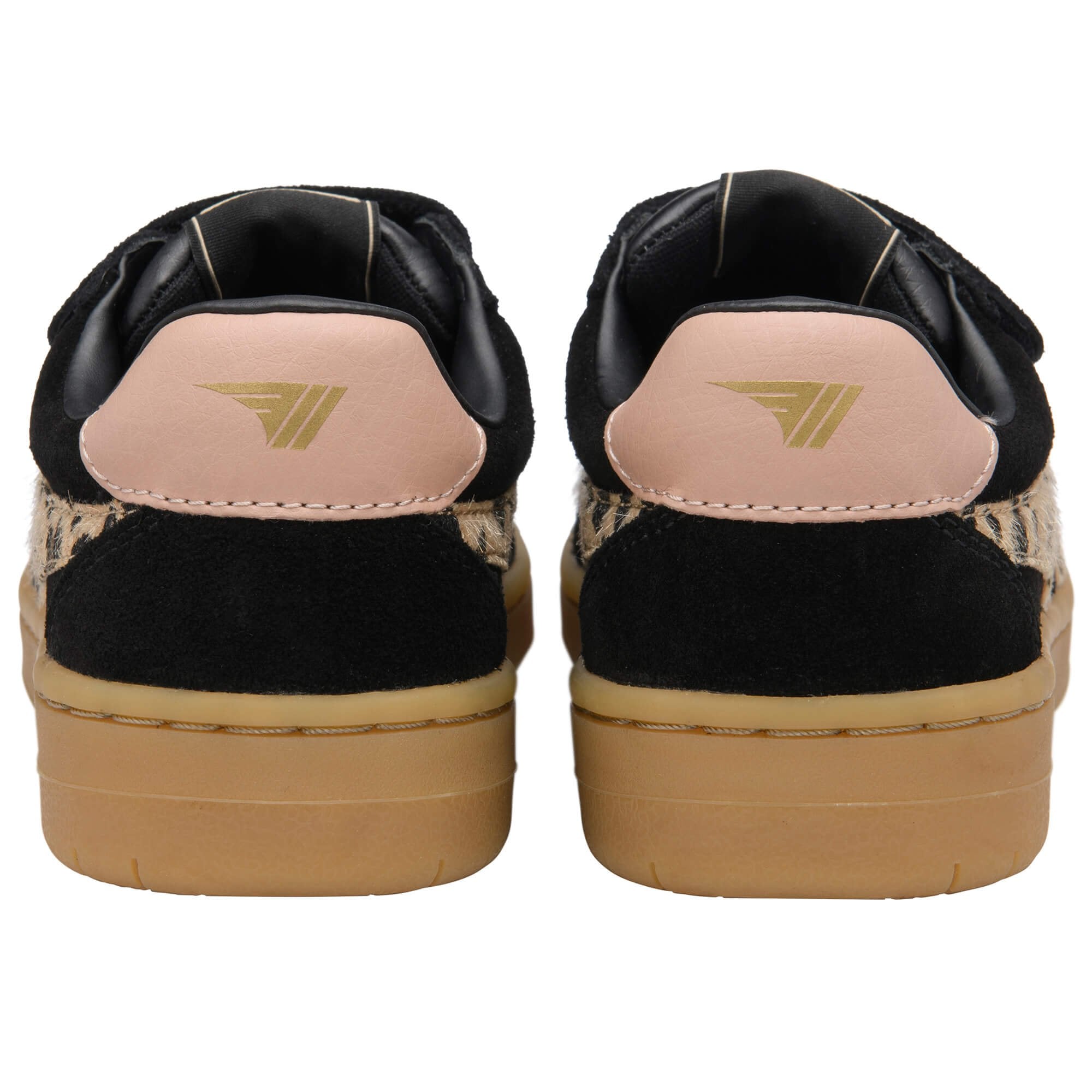 Pair of black and leopard print Gola trainers with tan soles, seen from the back on a white background