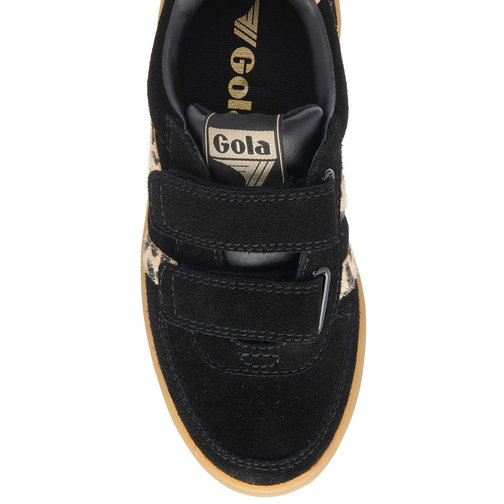 Black Gola trainer with animal print stripes and velcro straps on a white background