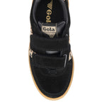 Black Gola trainer with animal print stripes and velcro straps on a white background