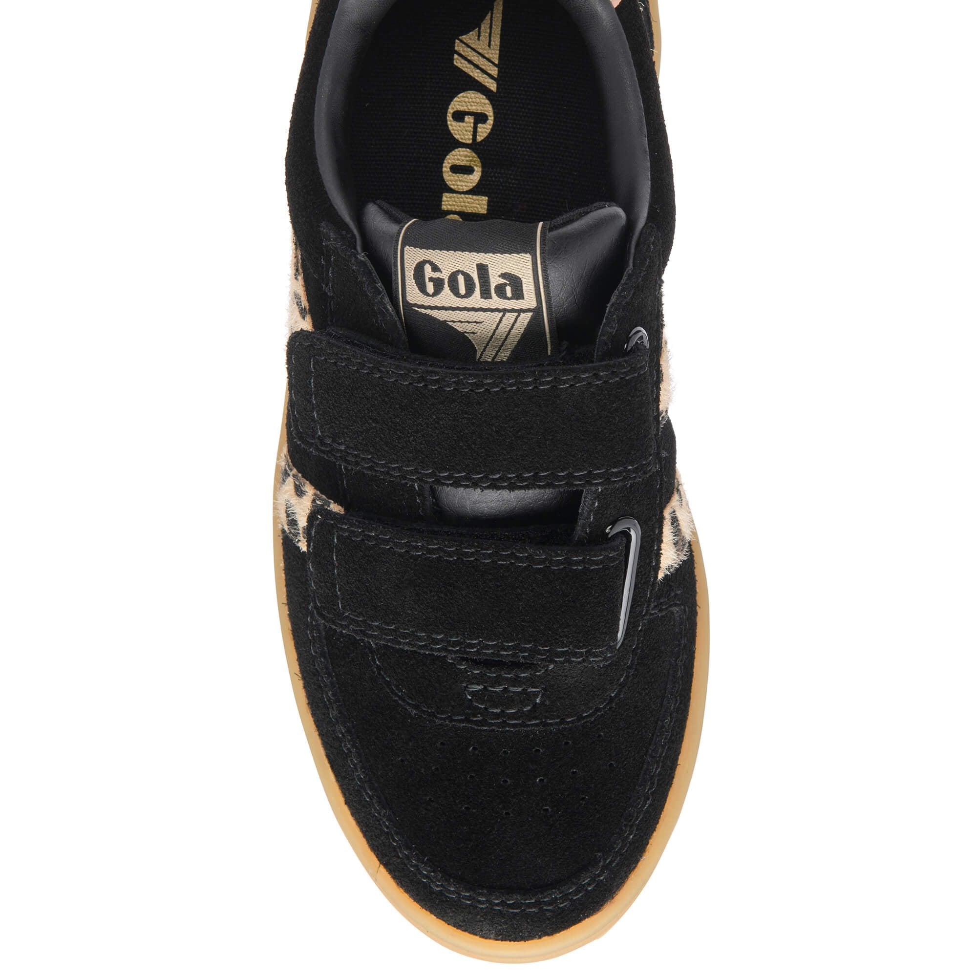 Black Gola trainer with animal print stripes and velcro straps on a white background