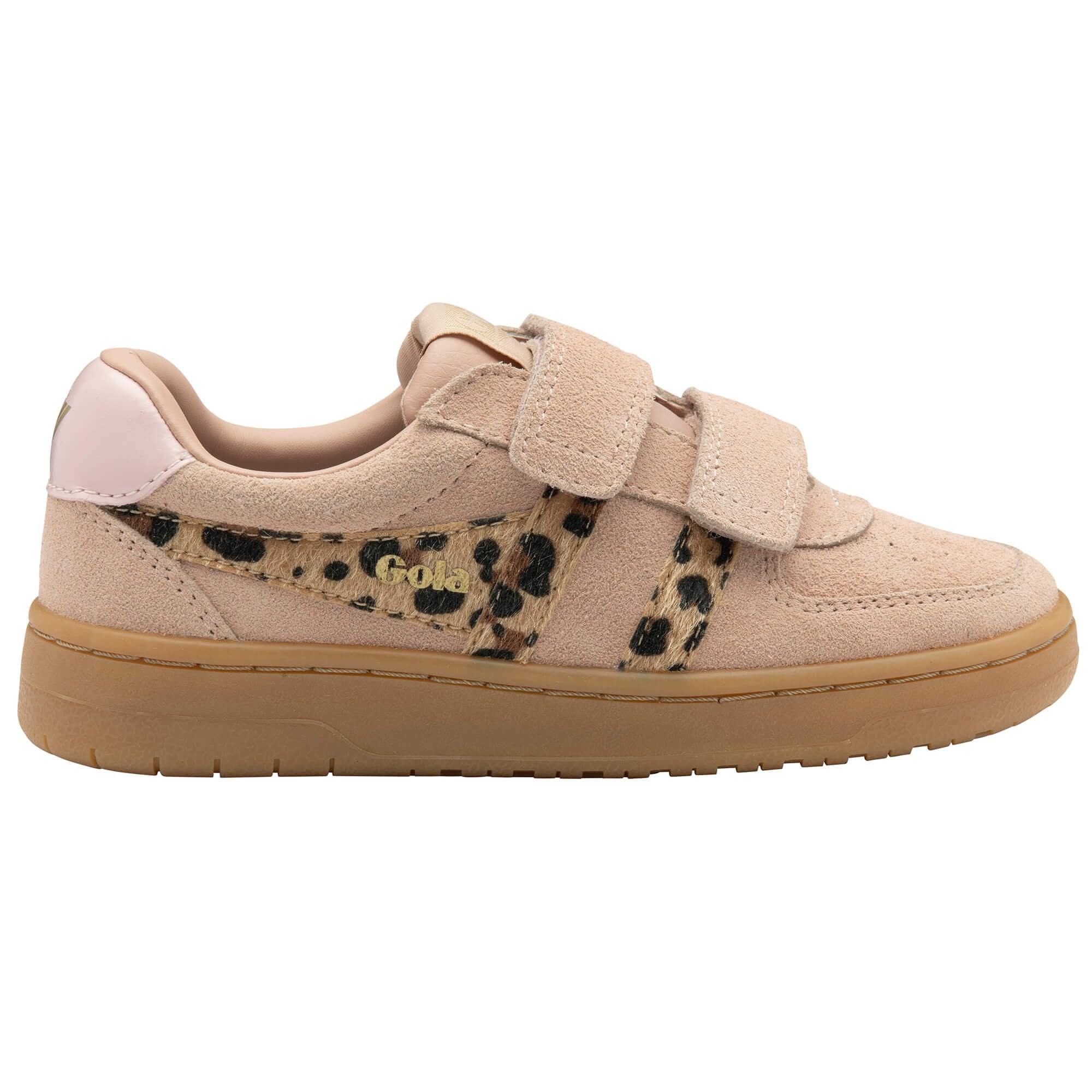 Beige Gola trainer with leopard print details on a white background