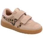 Light pink suede Gola trainer with leopard print stripe and two velcro straps on a white background