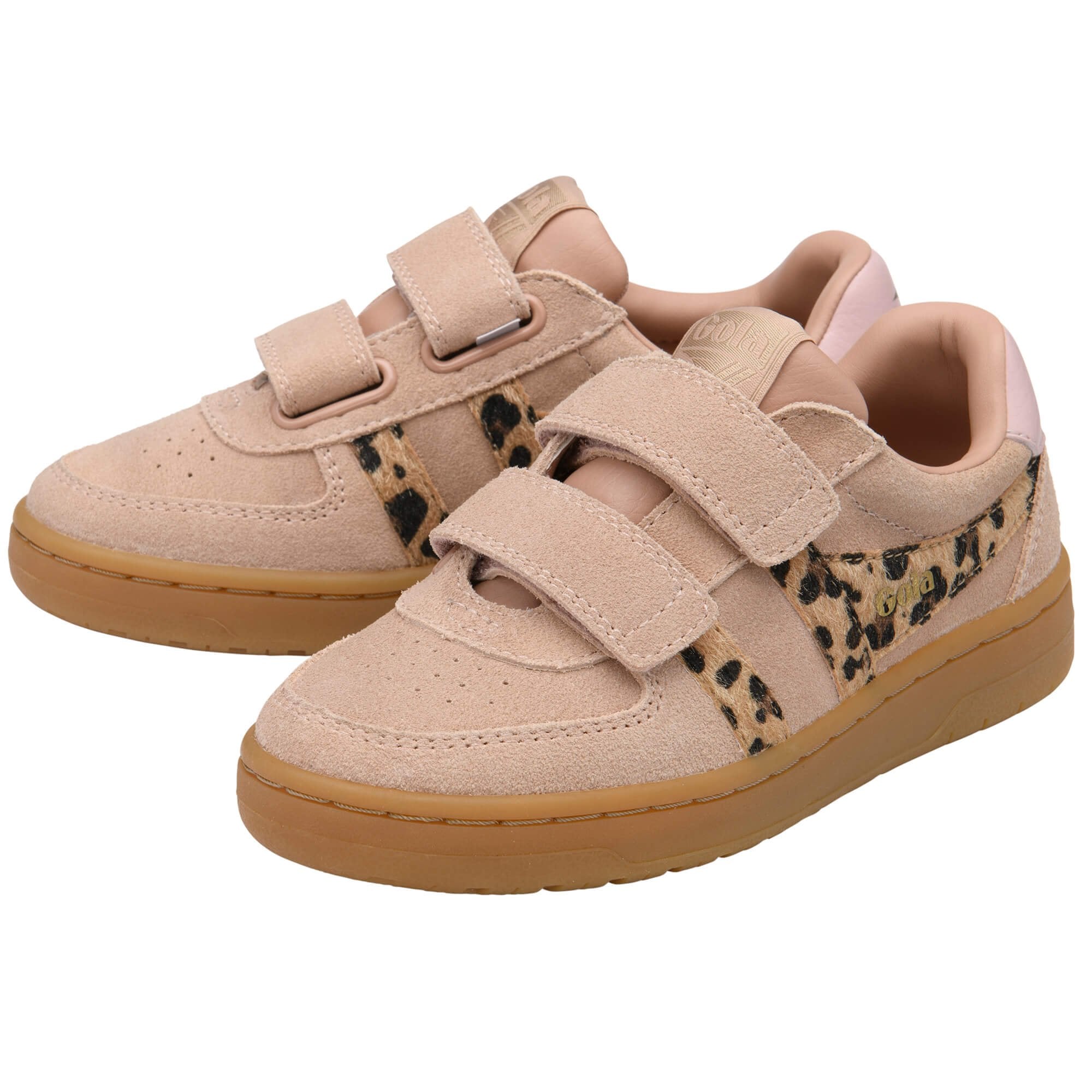 Pair of beige Gola trainers with leopard print accents on a white background