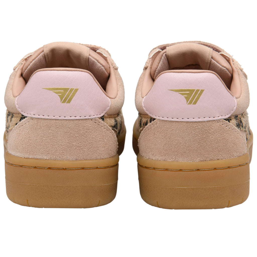 Pair of beige and leopard print Gola trainers with gum soles, viewed from the back on a white background