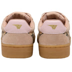 Pair of beige and leopard print Gola trainers with gum soles, viewed from the back on a white background