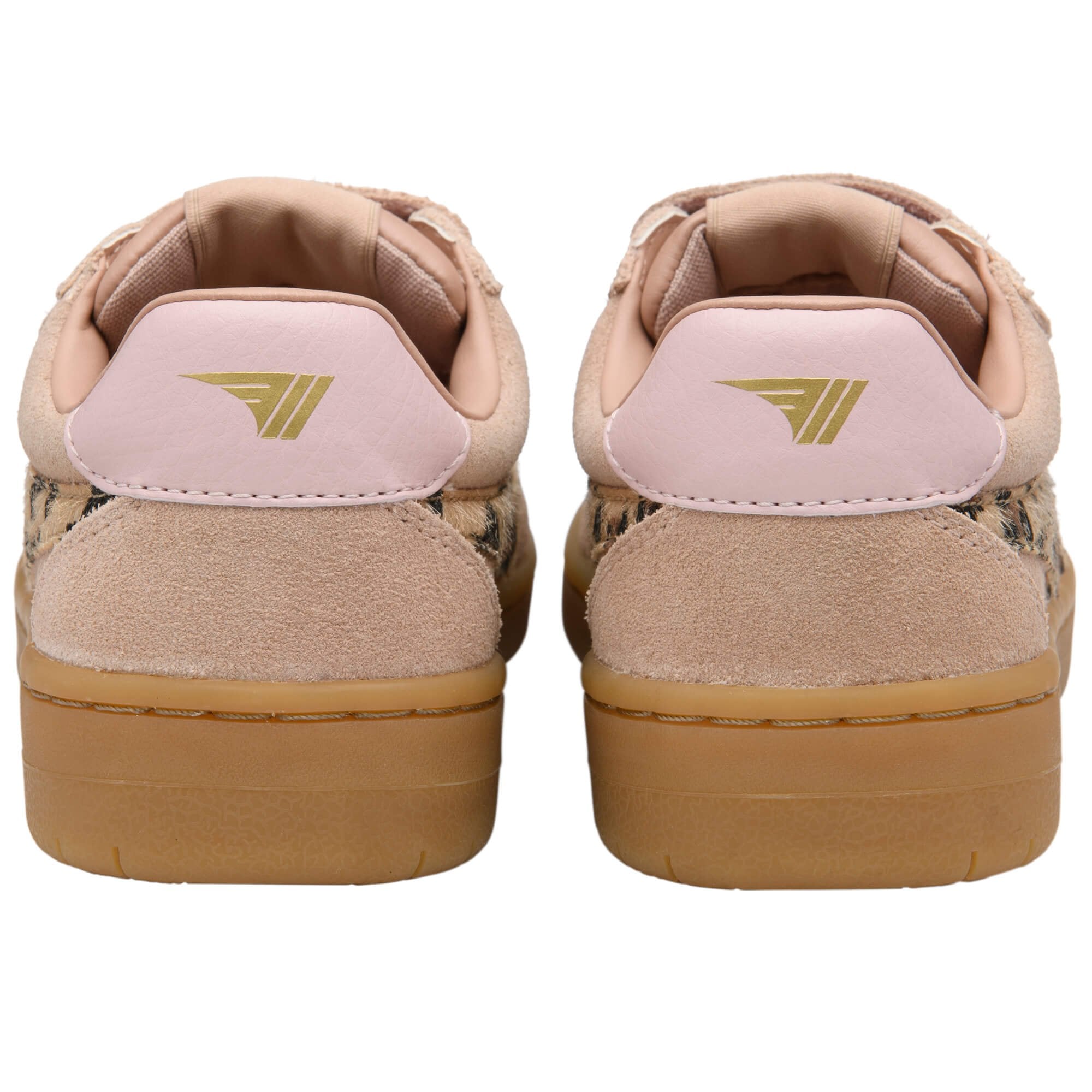 Pair of beige and leopard print Gola trainers with gum soles, viewed from the back on a white background