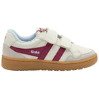 White Gola kids trainer with two burgundy stripes and velcro straps on a white background