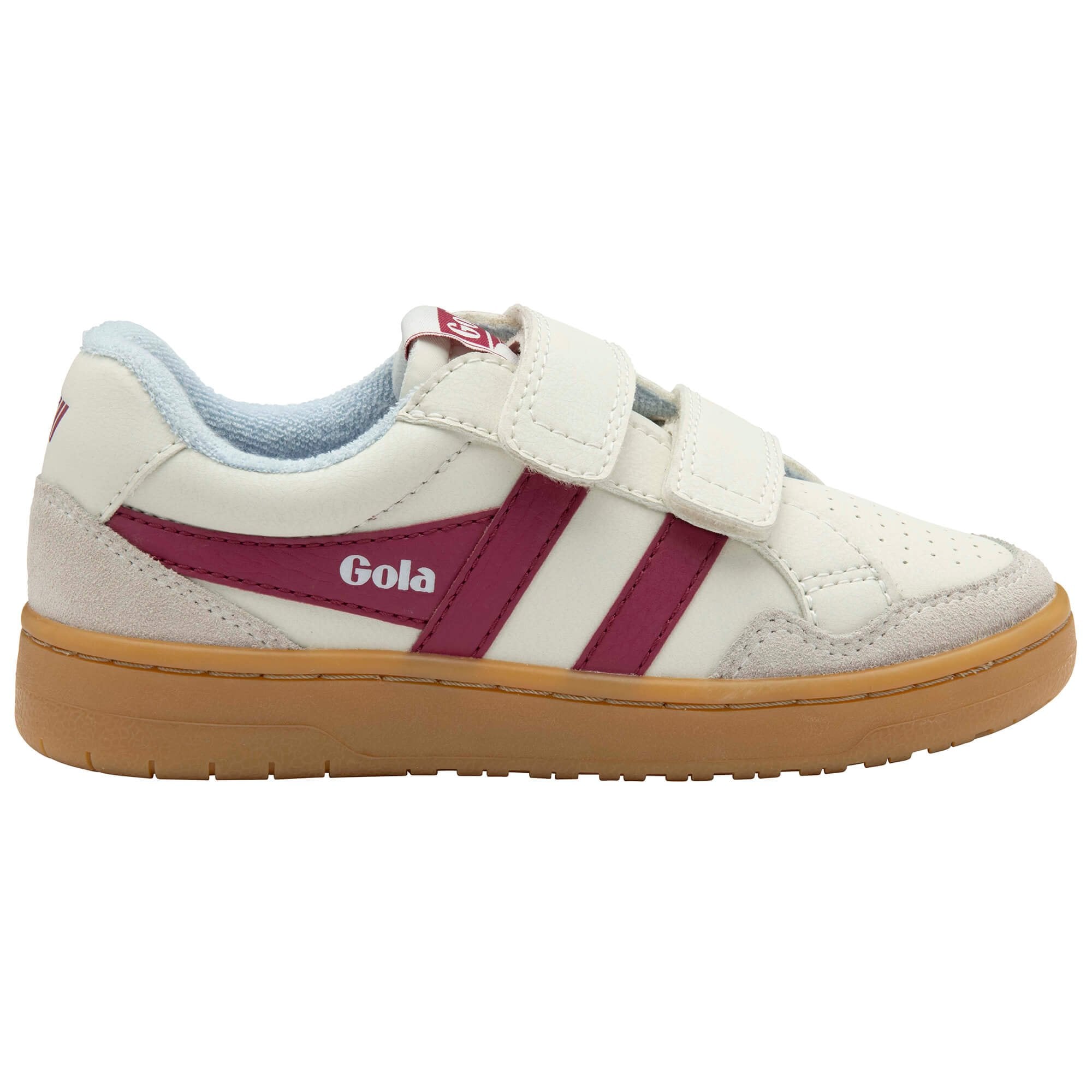 White Gola kids trainer with two burgundy stripes and velcro straps on a white background