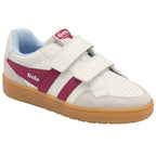 White children's Gola trainer with maroon accents and blue lining on a white background