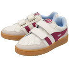 White Gola trainers with maroon stripes and brown soles on a white background