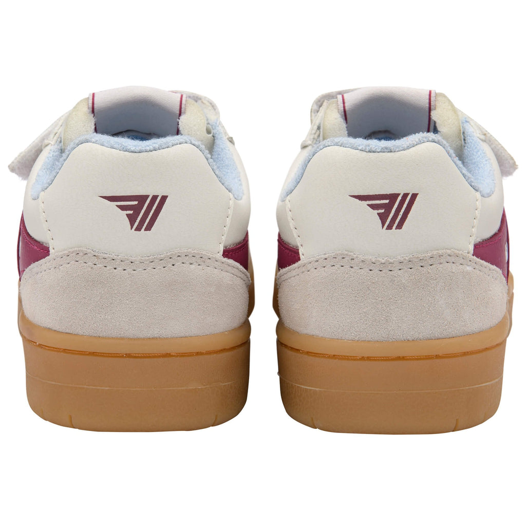 White Gola trainers with maroon accents and brown soles on a white background
