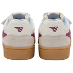 White Gola trainers with maroon accents and brown soles on a white background