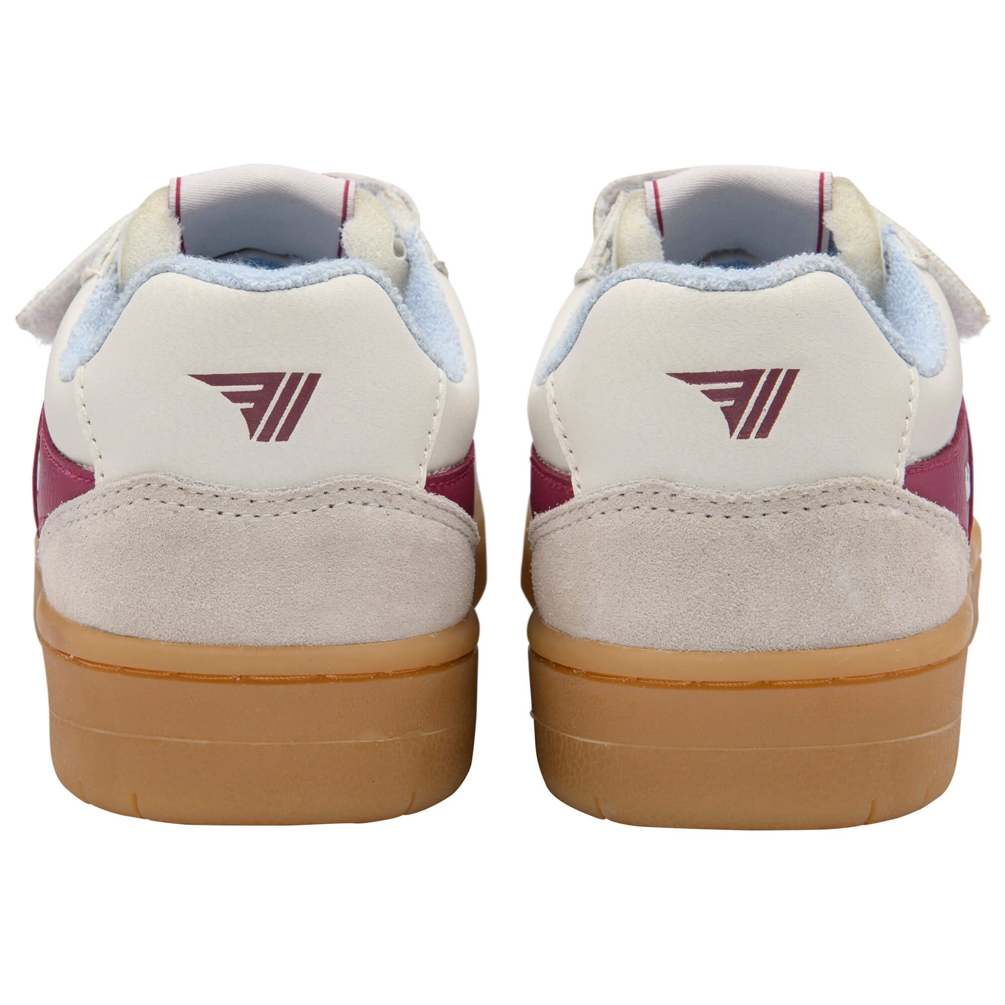 White Gola trainers with maroon accents and brown soles on a white background