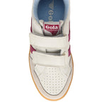 Top-down view of a white Gola trainer with two velcro straps and a maroon stripe on the side on a white background