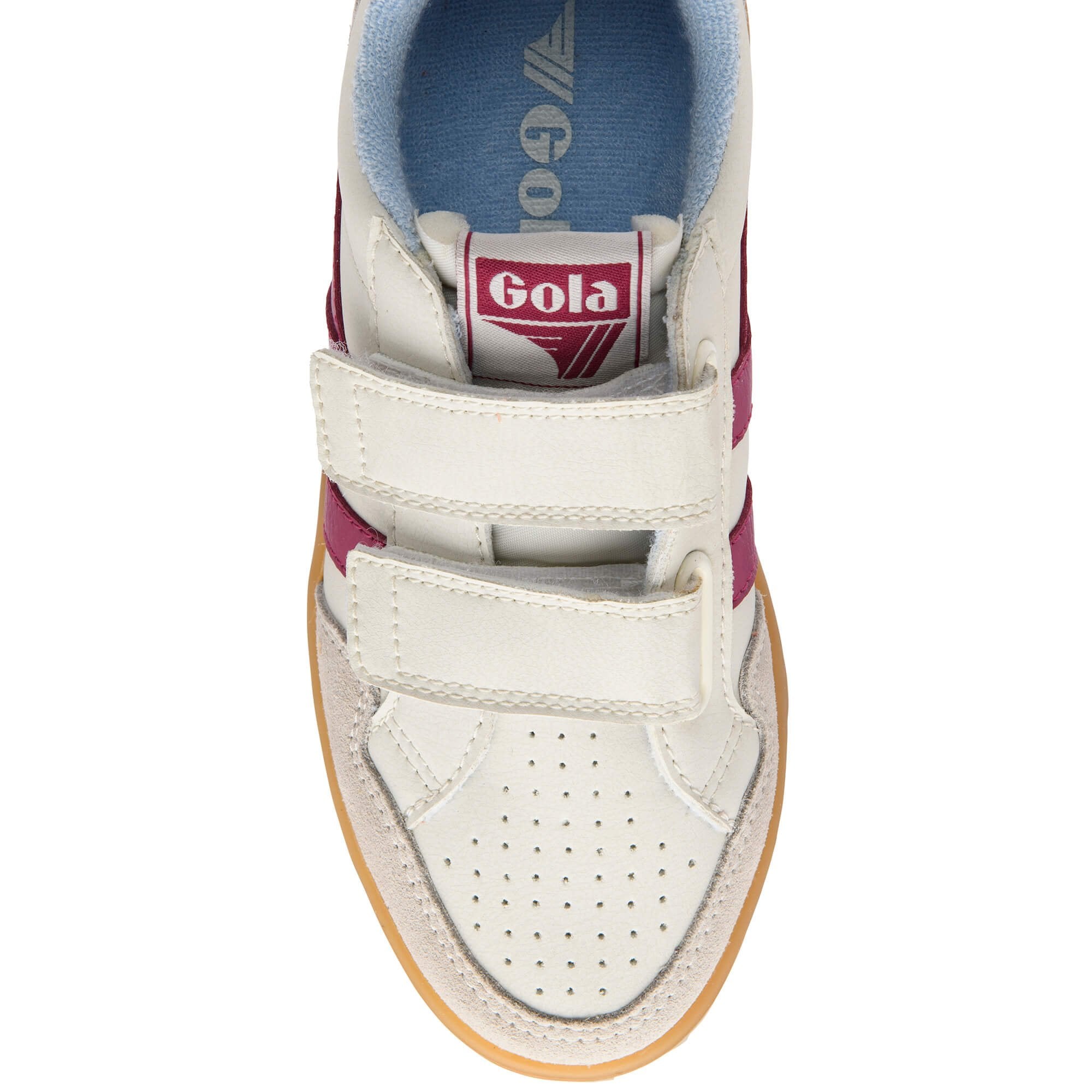 Top-down view of a white Gola trainer with two velcro straps and a maroon stripe on the side on a white background