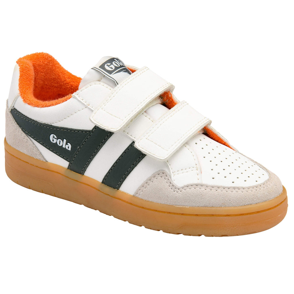 White children's Gola trainer with orange lining and black stripe on a white background