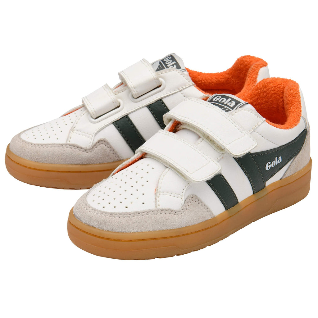 White children's Gola trainer with black stripes and orange accents on a white background