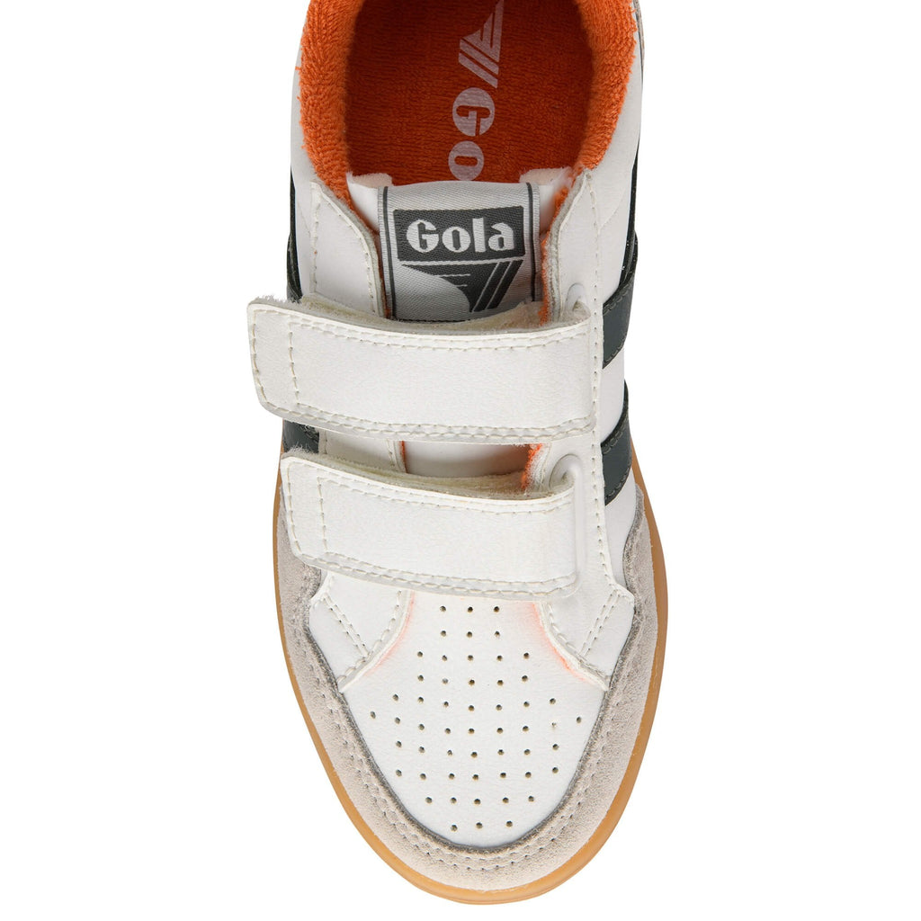 White Gola trainer with orange lining and black stripes on a white background