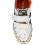 White Gola trainer with orange lining and black stripes on a white background