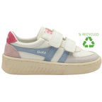 White children's Gola trainer with pink and blue accents on a white background.