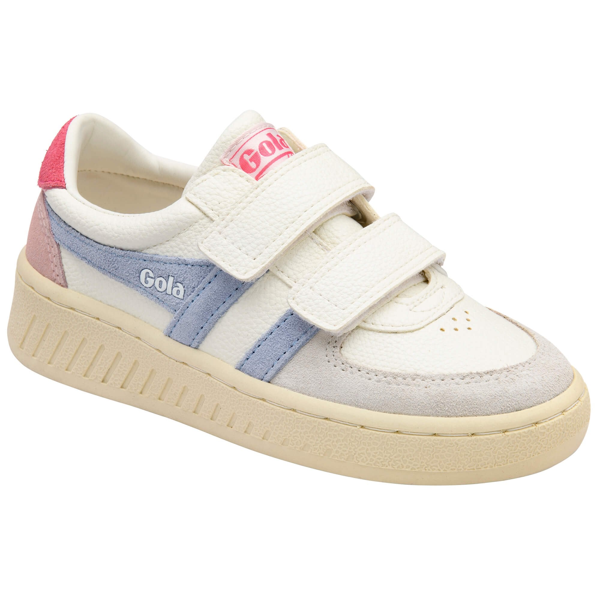 White children's Gola trainer with pink and blue accents on a white background