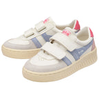 Pair of white Gola trainers with blue stripes and pink accents on a white background