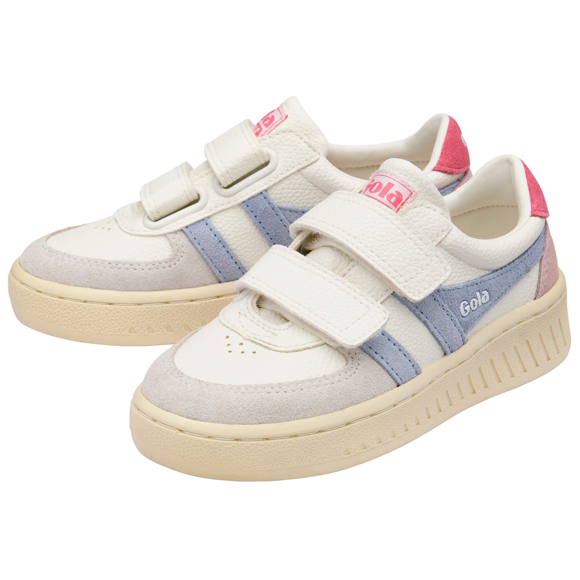 Pair of white Gola trainers with blue stripes and pink accents on a white background