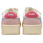Rear view of two Gola trainers with pink and blue suede accents and cream soles on a white background