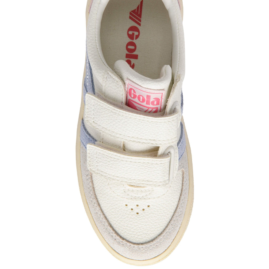 Top down view of a white Gola trainer with two velcro straps and a light blue stripe on the side on a white background