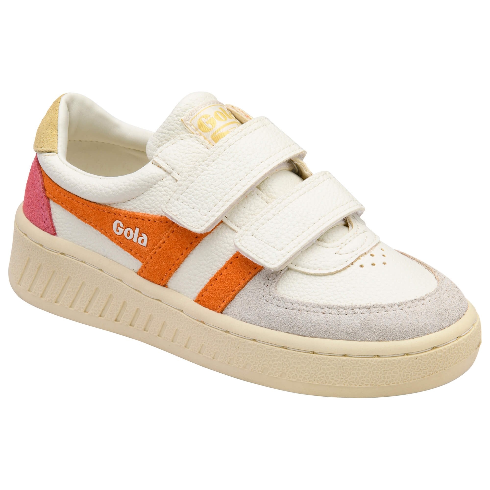 Children's Gola trainer with orange and pink accents on a white background