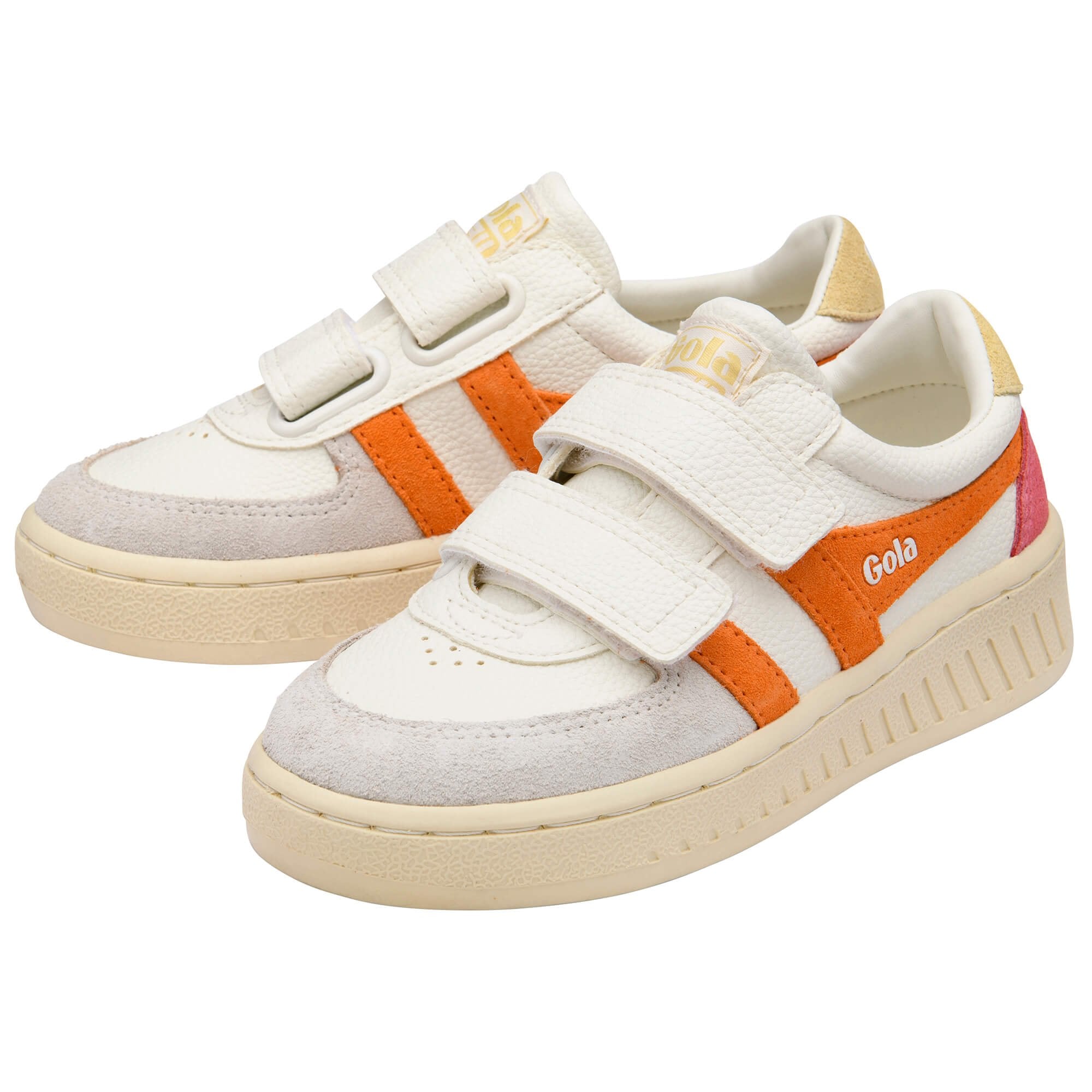 White Gola trainers with orange stripes and velcro straps on a white background