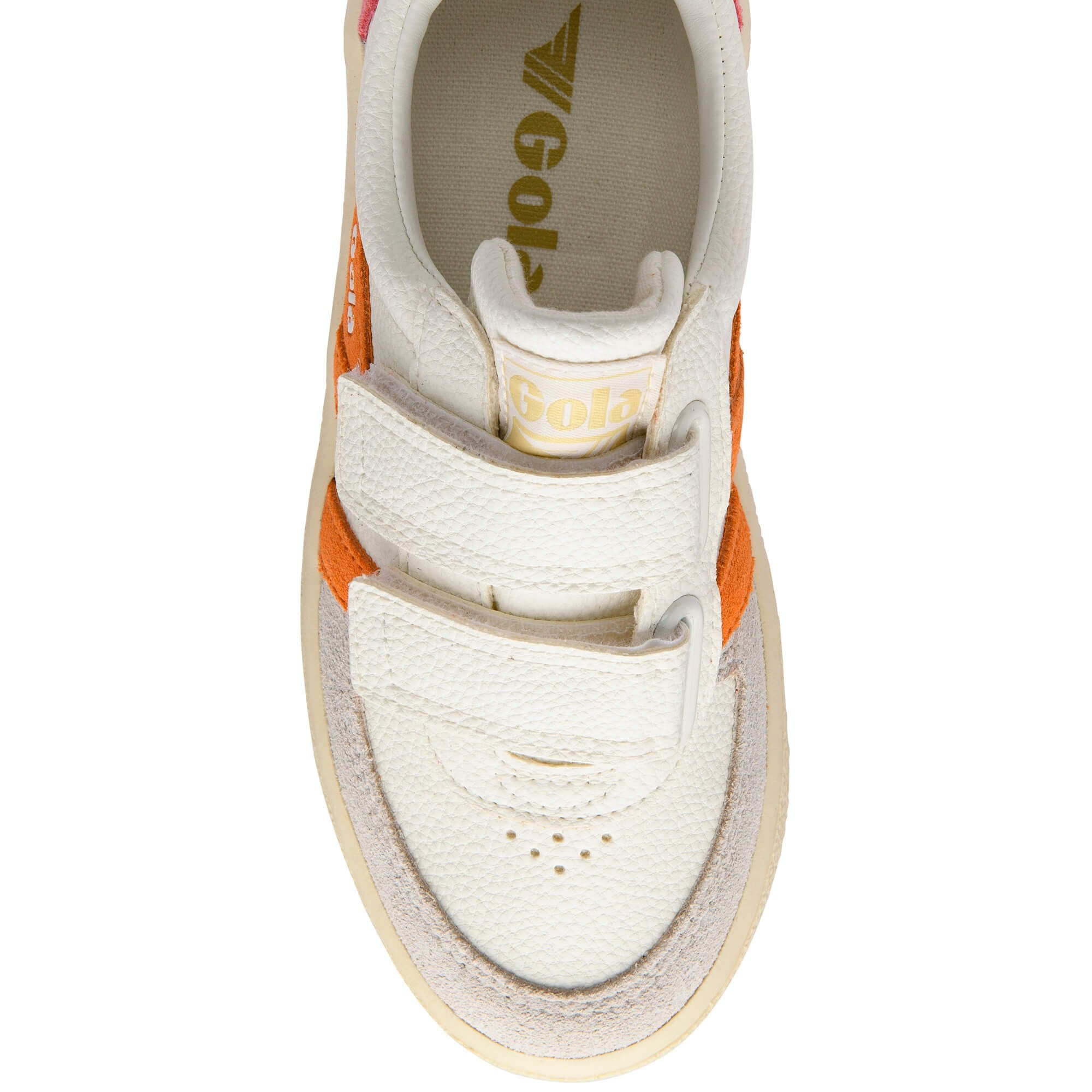 Top-down view of a white Gola trainer with orange stripes and two velcro straps on a white background
